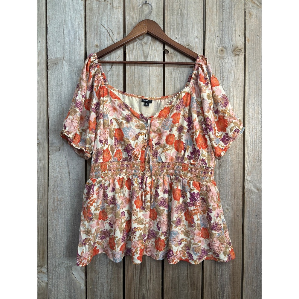 Torrid Floral Smocked Peplum Top Orange Lace Up Babydoll Blouse 2 18411863